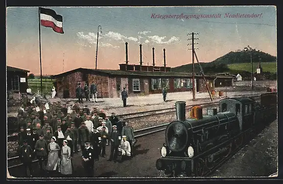 AK Neudietendorf, Partie an der Kriegsverpflegungsanstalt mit Eisenbahn, Soldaten in Uniform