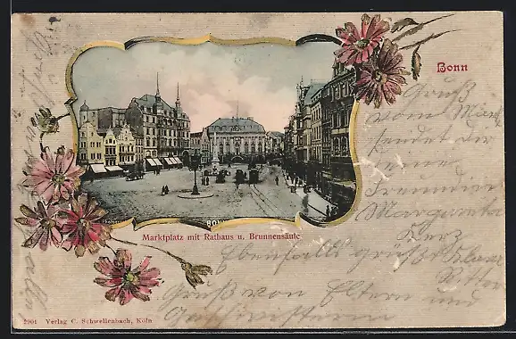 AK Bonn, Marktplatz mit Rathaus und Brunnensäule, Passepartout