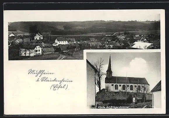 AK Mülheim / Eifel, Ortsansicht mit Kirche und Kriegerdenkmal