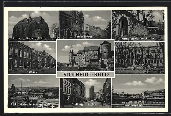 AK Stolberg / Rhld., Kirche in Stolberg Atsch, Rathausstrasse, Industriegelände, Stolberg-Mühle, Bastingsweiher