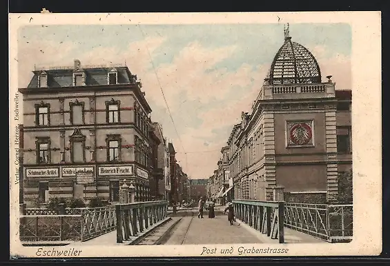 AK Eschweiler, Grabenstrasse mit Schuhgeschäft Heinrich Feucht und Post