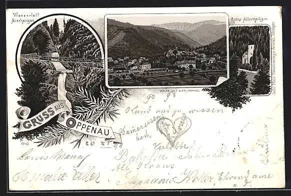 Lithographie Oppenau, Wasserfall und Ruine Allerheiligen