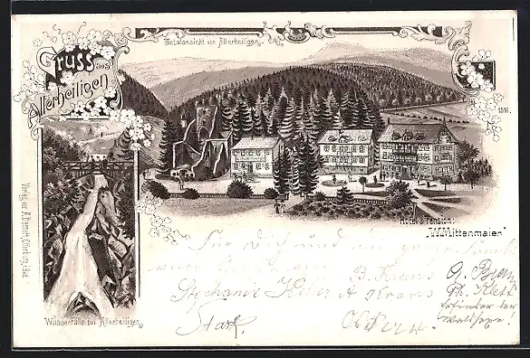 Lithographie Allerheiligen, Hotel-Pension W. Mittenmaier mit Bergblick aus der Vogelschau, Wasserfälle