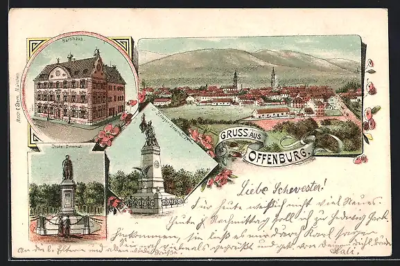 Lithographie Offenburg, Krieger- und Drake-Denkmal, Rathhaus, Ortsansicht