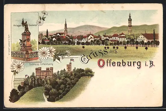 Lithographie Offenburg i. B., Teilansicht, Schloss Ortenberg, Krieger-Denkmal