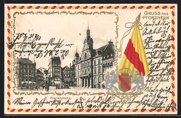Passepartout-Lithographie Pforzheim, Marktplatz mit Denkmal, Fahne und Wappen