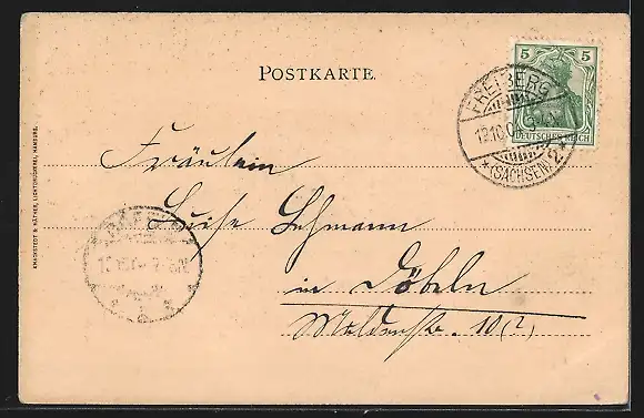 Passepartout-Lithographie Freiberg i. S., Markt mit Gasthaus Rathskeller, Wappen