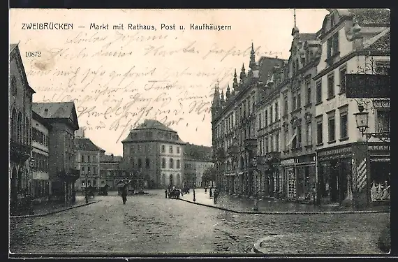 AK Zweibrücken, Markt mit Rathaus, Post und Kaufhäusern