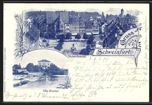 AK Schweinfurt, Rückert-Denkmal, Rathaus, Villa Cramer