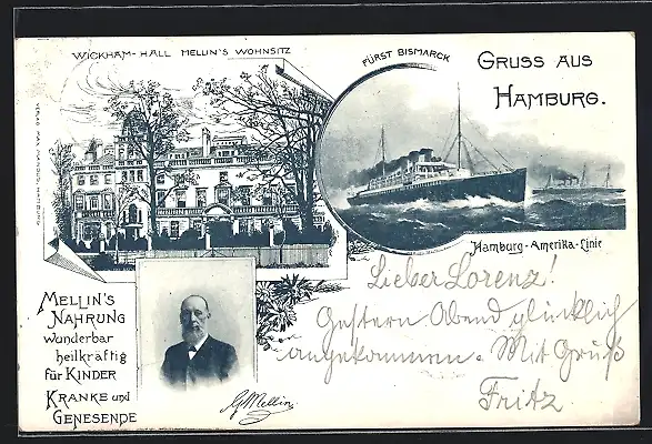 AK Hamburg, Wohnhaus Wickham Hall und Portrait des Unternehmers Mellin, Schiff Fürst Bismarck