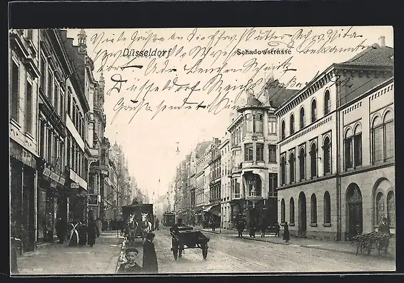 AK Düsseldorf, Schadowstrasse mit Kreuzung, Kutsche, Karren