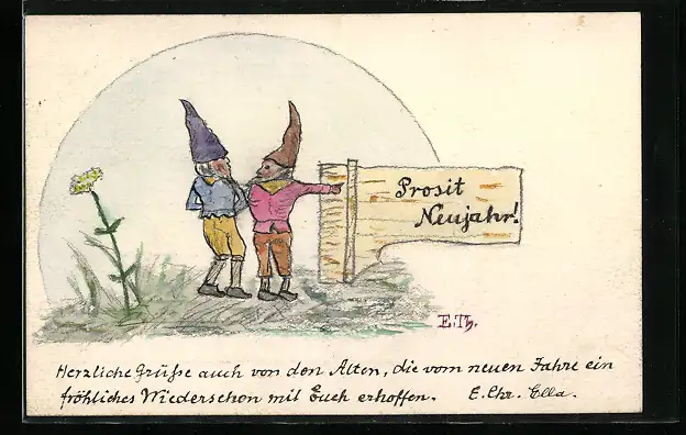 Künstler-AK Handgemalt: Prosit Neujahr, zwei Zerge mit Holzschild