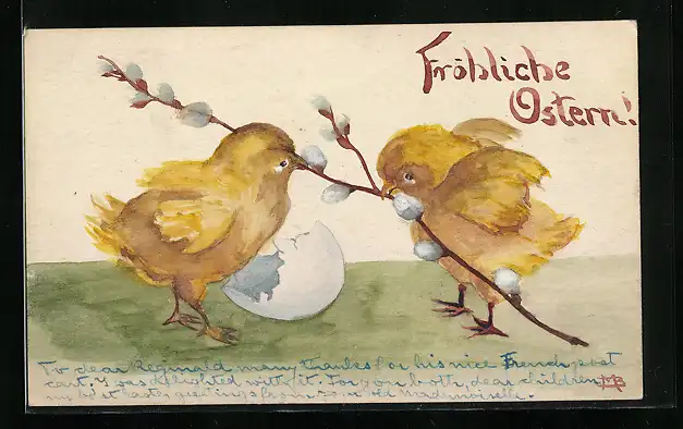 Künstler-AK Handgemalt: zwei Osterküken streiten um einen Weidenkätzchenzweig, Fröhliche Ostern