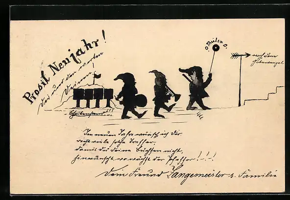 Künstler-AK Handgemalt: Prosit Neujahr, musizierende Zwerge