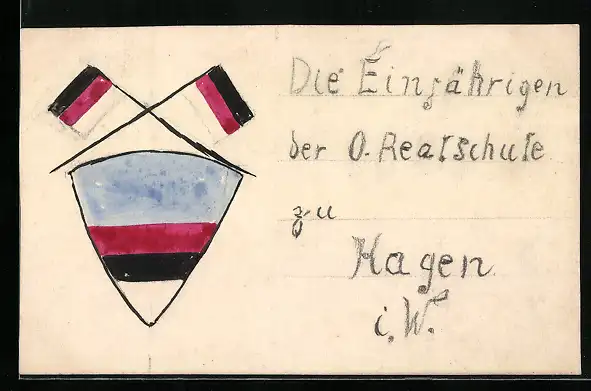 Künstler-AK Handgemalt: Hagen i. W. Die Einjährigen der O. Realschule, Studentenwappen und Flaggen