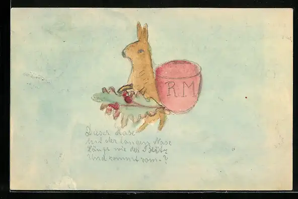 Künstler-AK Handgemalt: niedlicher Hase mit Eichenblatt und Korb auf dem Rücken