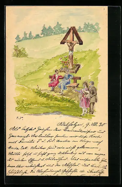 Künstler-AK Handgemalt: zwei Frauen vor einem Flurkreuz auf der Bank sitzend