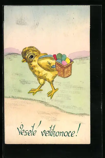 Künstler-AK Handgemalt: Vesele velikonoce!, Osterküken mit Korb voller Eier
