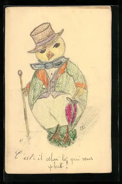 Künstler-AK Handgemalt: Osterküken mit Hut und Flanierstock