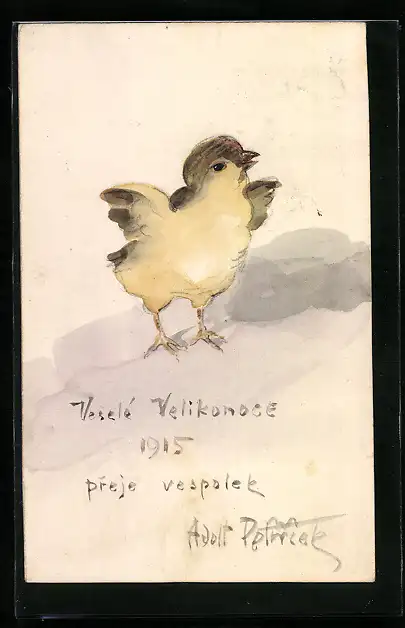 Künstler-AK Handgemalt: Vesele Velikonoce, Osterküken schlägt mit den Flügeln
