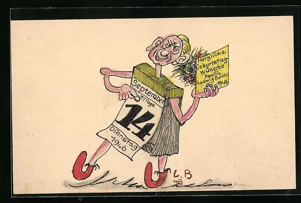 Künstler-AK Handgemalt: Kalender mit Kopf, Armen und Beinen, 14. Septemberg 1946