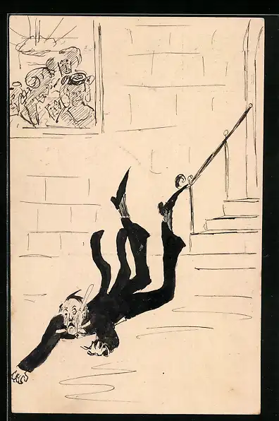 Künstler-AK Handgemalt: Mann stürzt eine Treppe hinunter, Frauen schauen aus dem Fenster zu