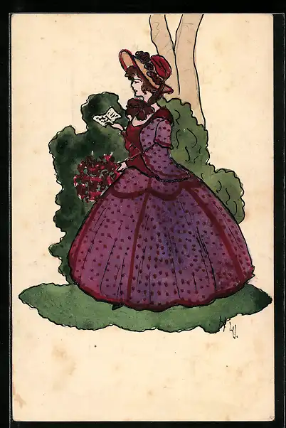 Künstler-AK Handgemalt: schöne Frau in Biedermaier-Kleid