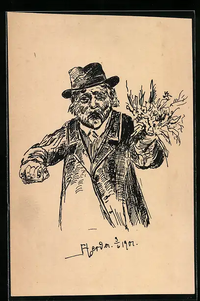 Künstler-AK Handgemalt: betagter Mann mit Blumenstrauss