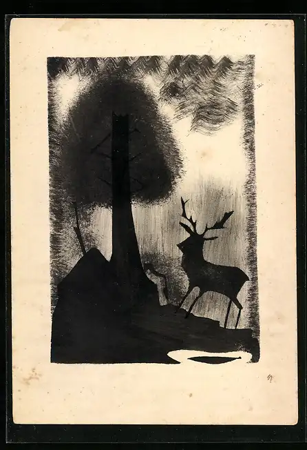 Künstler-AK Handgemalt: Elch steht in einem Wald