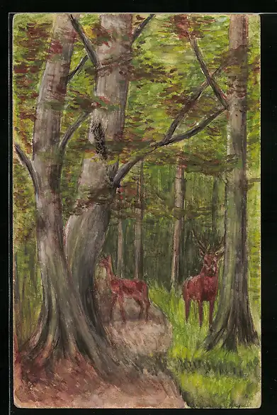 Künstler-AK Handgemalt: Reh und Hirsch im Wald