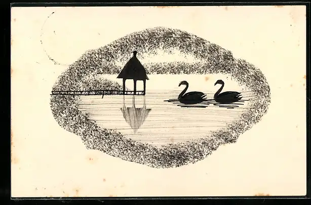Künstler-AK Handgemalt: Schwanenpaar auf einem See