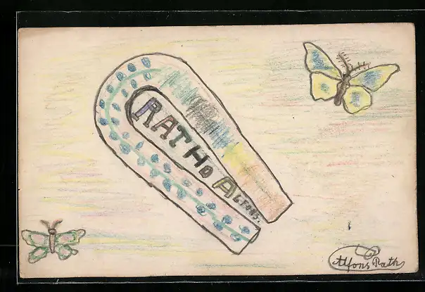 Künstler-AK Handgemalt: hübscher Schmetterling, Name des Künstlers Alfons Rath in einem Hufeisen