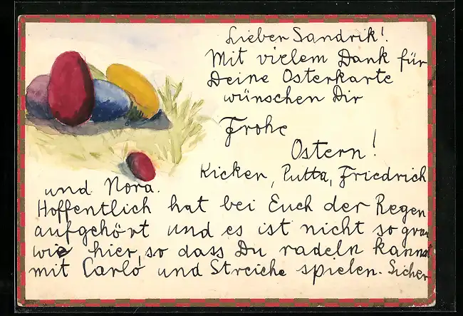 Künstler-AK Handgemalt: Frohe Ostern, farbige Ostereier im Gras