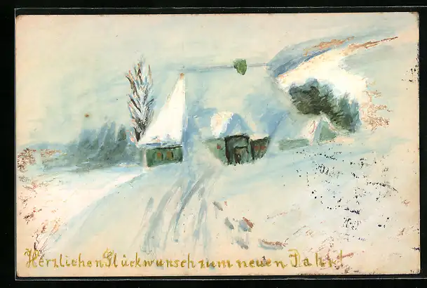 Künstler-AK Handgemalt: Herzlichen Glückwunsch zum neuen Jahr, schneebedecktes Haus