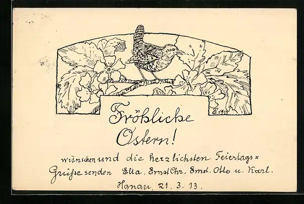 Künstler-AK Handgemalt: Fröhliche Ostern, Vogel sitzt auf einem Blumenzweig
