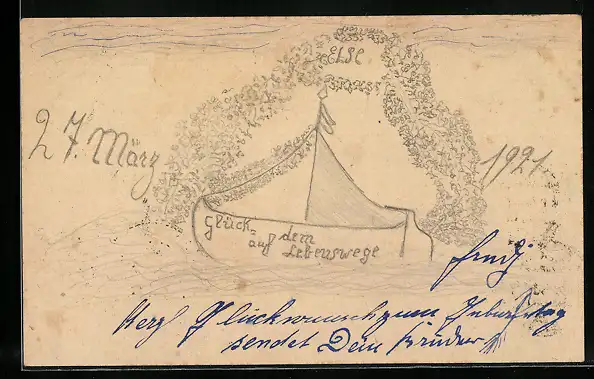 Künstler-AK Handgemalt: Geburtstagsgruss an Else, 27. März 1921, Segelboot und Blumengirlande