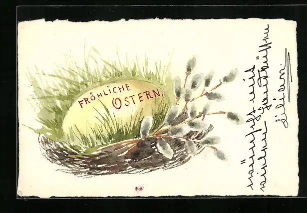 Künstler-AK Handgemalt: Fröhliche Ostern, Osterei und Weidenkätzchen im Osternetz