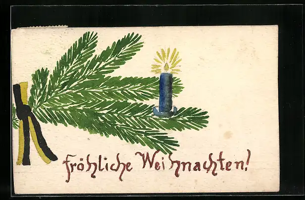 Künstler-AK Handgemalt: Fröhliche Weihnachten, brennende Kerze auf einem Tannenzweig