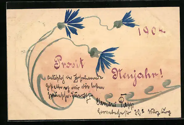 Künstler-AK Handgemalt: Prosit Neujahr 1904, Kornblumen