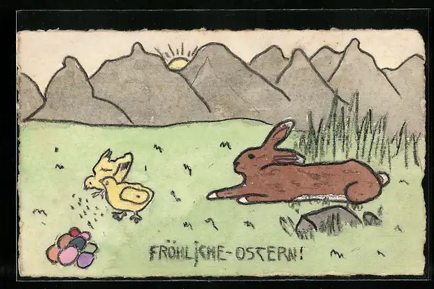 Künstler-AK Handgemalt: Fröhliche Ostern, Osterhase und Küken auf einer Wiese