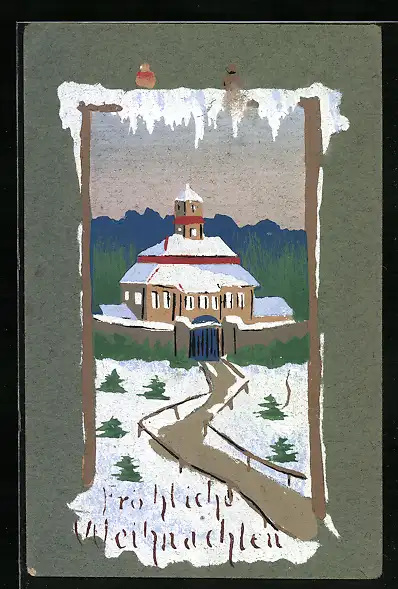 Künstler-AK Handgemalt: Fröhliche Weihnachten, schneebdecktes Haus