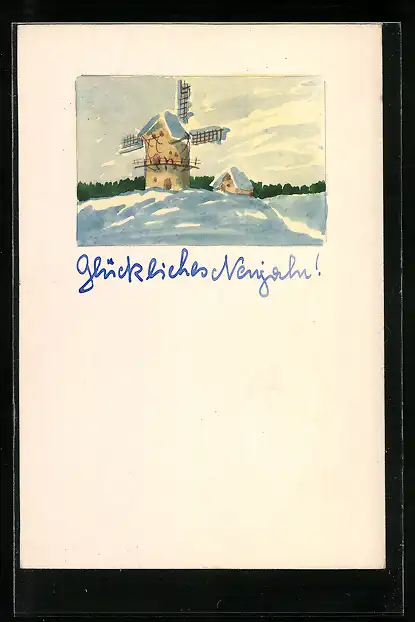Künstler-AK Handgemalt: Glückliches Neujahr, Mühle und Haus im Winterglanz