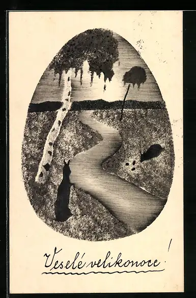 Künstler-AK Handgemalt: Vesele velikonoce, Osterhase am Feldweg