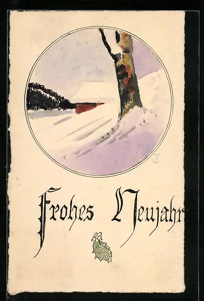 Künstler-AK Handgemalt: Frohes Neujahr, Haus und Baum im Schnee