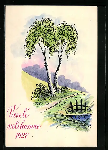 Künstler-AK Handgemalt: Vesele velikonoce 1927, Landschaftsbild mit Baum und Bach