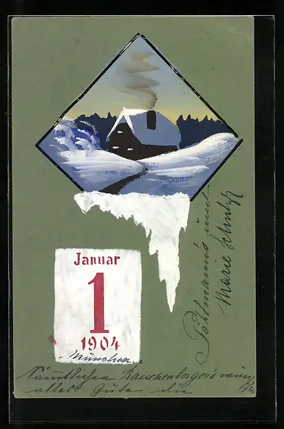 Künstler-AK Handgemalt: 1. Januar 1904, schneebedecktes Haus, Kalenderblatt