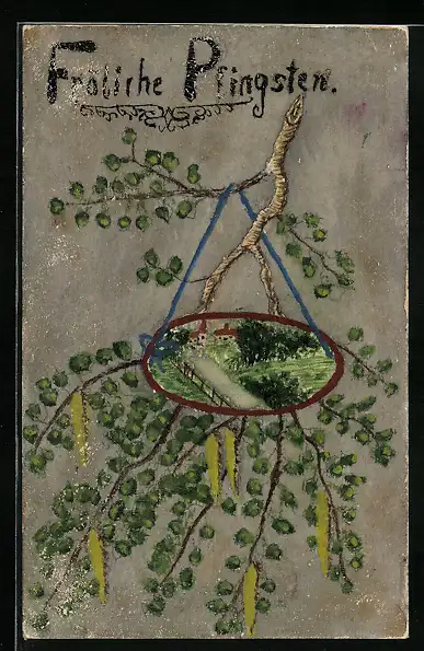 Künstler-AK Handgemalt: Fröhliche Pfingsten, Ast mit Ortschaftsbild