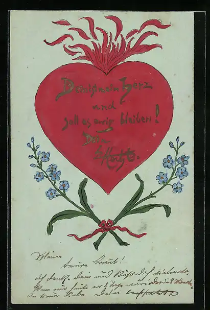 Künstler-AK Handgemalt: Valentinstag, Dein ist mein Herz und soll es ewig bleiben!, brennendes Herz, Blumen