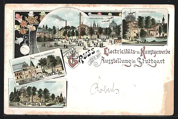 Lithographie Stuttgart, Elektrizitäs- und Kunstgewerbe Ausstellung, Gewerbedorf, Ganzsache Württemberg