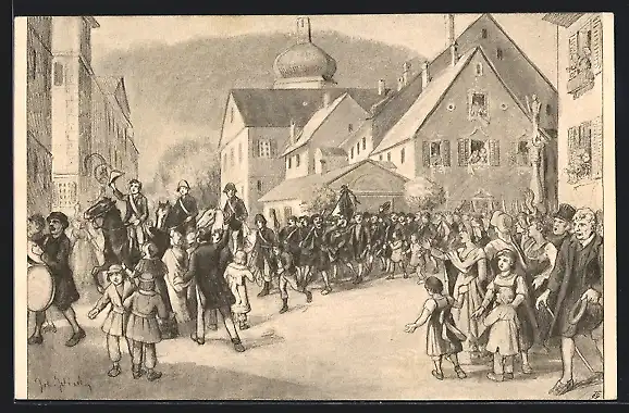 Künstler-AK Bregenz, Vorarlberger Jahrhundertfeier 1809-1909, Historischer Festzug: 12. Hauptgruppe b, Ganzsache